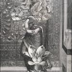 Figure wrapped in toga like robes and sandals standing behind large flower and in front of mandala detailed wall. The figure is headless with florals emerging from top.