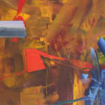 Brushstrokes in dark orange create an abstract background. On top, a gray line emerges near the top left of the canvas, a bright red shape is superimposed near the center, and blue brushstrokes emerge from the bottom right corner.