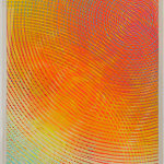 Overlapping sets of concentric circles in red, blue, yellow, orange and white create interwoven pattern across canvas.