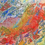 Floating rainbow colored beast layered with blue birds flying diagonally towards bottom left corner of canvas over a background of multicolored concentric circles. Tree branches with green leaves cover edges of scene.