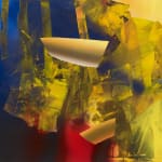 Background is blue chrome on the left, solid yellow on the right and red chrome on the bottom. On top of the background are textured strips of yellow brushstrokes. Two smooth yellow chrome shapes are layered on top of the textured brushstrokes.