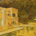 Orange and white mansion reflects into pool with patio. Dark trees encroach on night sky. Bottom right corner of canvas features an oversized black mobile.