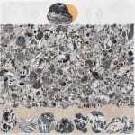 Mixed media landscape of a wall of marbled black and white stones of various sizes. Three small bare birch trees are growing on top of the wall while a very large stone obscures the view of the gold metallic moon that is hovering above the wall