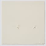 Two white figurines "sit" on a graphite line facing each other on beige square paper.