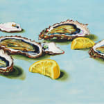Four oysters, two shells and two lemons all rest on turquoise surface.