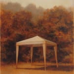 A tent with sharp legs stands on a grassy field in front of a forest of trees. The scene is depicted in orange hues.