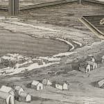 Detail of the seaside town in the lower left of UNTITLED JANUARY 29, 1986