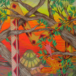Detail; the snake's angular body, decorated with triangles and dots, bends around the branches. The snake's mouth opens towards the mountain in the background.