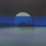 Multiple silkscreen layers of blue black and gray paint form a constructed landscape of a blurry and highly pixelated distant river bank with several ducks floating in the water. In the background a large light gray circle which alludes to a rising full moon is mostly covered by a thick translucent stripe of vertical blue