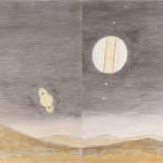 Horizontal rectangular drawing of a yellow mountainous landscape with grey starry sky and two planet, one with rings and the other banded