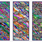 Three rectangular aluminum panels decorated by five different geographical silhouettes filled with a grid of multi-colored or black and white squares In the background a pattern of multi-colored diagonal waves flow from left to right