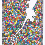 Multi-colored squares zig-zag across the paper to surround the white negative geographic shape of Texas’s thirty fifth voting district The wider border of the paper consists of lighter faded squares that are connected by a thin black trail
