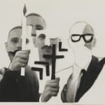 Paper collage of cut out photographs create side by side depictions of her husband Bruce Conner The depiction on the left is holding a white candle while the one center holds a black cross Parts of Bruce’s face and body are missing