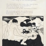 A poem sits above a black and white horizontal panel depicting a young nude male sitting on the ground with a guitar resting at his side, facing away from the viewer and towards a lion laying under a tree. The poem is as follows: "The Song of the Borderguard The man with his lion under the shed of wars sheds his belief as if he sheds tears. The sound of words waits — a barbarian host at the borderline of sense. The enamored guards desert their posts harkening to the lion-smell of a poem that rings in their ears."