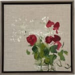 Red roses and small white flowers in vase to the right side of the canvas against exposed linen background. Bottom of vase is cropped out of the composition.