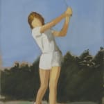 Faceless woman finishes a golf swing in front of a golf course and blue sky background.