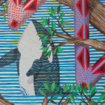 Detail; through a space in the branches an orca is seen breaching the water.