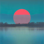 Multiple silkscreen layers of black blue and hot pink paint form a constructed landscape of a blurry and highly pixelated distant river bank. In the background a large hot pink circle which alludes to a rising full moon floats in the sky and a translucent layer of blue covers the majority of it along with the bottom portion of the piece