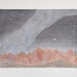Horizontal rectangular drawing of a red rock mountainous landscape and starry sky with a milky white band stretching diagonally.