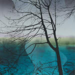 Multiple silkscreen layers of black blue and green form a constructed landscape of a blurred and heavily pixelated river bank with tall grass. In the central foreground is a black silhouette of a thin tree and in the background several light translucent wavy shapes extend vertically up and down the piece