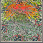Grey tree branches criss-cross in the foreground, sprouting bright pink and green leaves. Through a central break in the branches a mountain is visible, covered in a hypnotic, multicolored, radiating circular pattern. Behind the mountain, a radiating pattern of neon pink, yellow, orange, and red rectangles creates a sunset. The foreground and mountain are separated by a grey, brick-like pattern. Set in an illusory, painted grey, green, and yellow striped frame.
