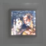 Photograph of an ancient Greco-Roman multi-colored mosaic depicting two people in a square lightbox. In front of the lightbox a piece of Plexiglass hangs and blurs the mosaic