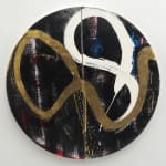 Hasty and dripping white and twenty three carat red gold leaf brush strokes that loop across the circular cut hastily painted black canvas behind the black strokes is a red and pink underpainting