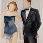 Faceless woman wearing blue undergarment pats the back of faceless man to her left wearing a tuxedo.