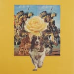 Paper collage of various cut outs from nineteen eighties magazines creates a surreal scene of a brown and white dog running in front of a young cow which is running in front of two Native Americans in traditional clothing whom are also running In the center of the scene is a large yellow rose The entire image of the running figures is framed by a vibrant yellow background