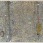 Large gray painting with two large pillars, and Wiley's iconography and phrases.