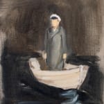 Faceless man in gray coat and captain’s hat stands in row boat beneath dark night sky.