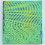 Neon yellow green and dark blue paint layered to create multiple wavy moiré effects
