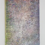 Side view of a multicolored abstract painting with fingerprint-like line work.