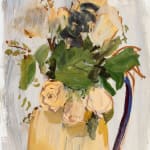Many white roses and other flowers in yellow vase against gray background.