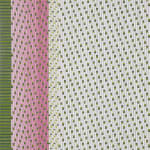 An abstract painting mimicking fabric. From left to right: Thin green column, pink ombre column from white to dark pink, large white column.