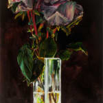 Still life of red roses in a half-filled vase. Several leaves and one petal have fallen onto the gray surface.