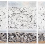 Mixed media landscape triptych of a black and white tall marbled wall separated from a black and white marbled stone wall by a series of wavy gray lines A small gold metallic moon floats in front of the marbled wall towards the upper right corner