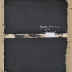 Backside of painting showing black paint applied to the canvas, with artist signature, year, and piece title.