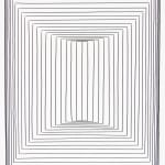 Horizontal and vertical straight black ink lines form a geometric pattern of two large semi circles at the top and bottom half of the piece. At the tops of the semicircles and at the left and right edges of the paper the lines get closer to create optical illusions of depth