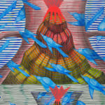 Detail; blue birds dart across the front of and behind the vase. The red and green-striped volcano erupts.