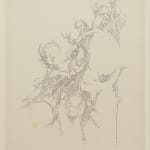 Black ink on paper thinly illustrates a cursive letter O with several branches and organic forms flowing out of it