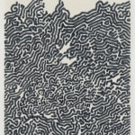 Black felt ink pen creates thick lines on paper to form abstract patterning The top of the piece has been left with negative space