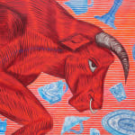 Detail; the bull, decorated with radiating dark and bright red line work, lowers his head and looks upward. Intact and broken blue and white china, decorated with different figural scenes, falls around the bull.