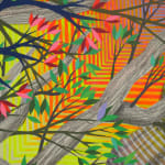 Detail; close view of the grey branches and their bright pink and green leaves, with the radiating yellow and orange rectangles of the sunset behind.