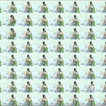 96 video frames arranged in an eight-by-twelve grid. In each frame, Surabhi Saraf is seated on a white couch folding green laundry. The video plays on the frames in a coordinated manner to create patterns of movement within the grid.