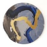 Rough hasty thick dark blue and gold brush strokes dive and dip across a circular canvas The background underneath the brushstrokes is messily divided vertically separating a smaller space of dark gray to the left and a larger area of darkened pale blue to the right