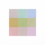 Grid of nine squares, each with its own pastel color, creates a multicolored square against the white background. Each square is colored with tiny dots but from afar appear to be solid colors.