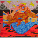 Mountain tops emerge among red and white scalloped clouds with yellow background. Sideways vessel pours red liquid into existing pools of red substance against black background. Vessel is decorated with red and yellow beast and blue birds flying over ocean waves.