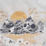 Detail of the bottom of the fog, "please be gentle" in which the gold moon can be seen peeking out behind the marbled mountains