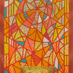 Stained glass style background in yellow, orange, blue and white with yellow striped vessel.